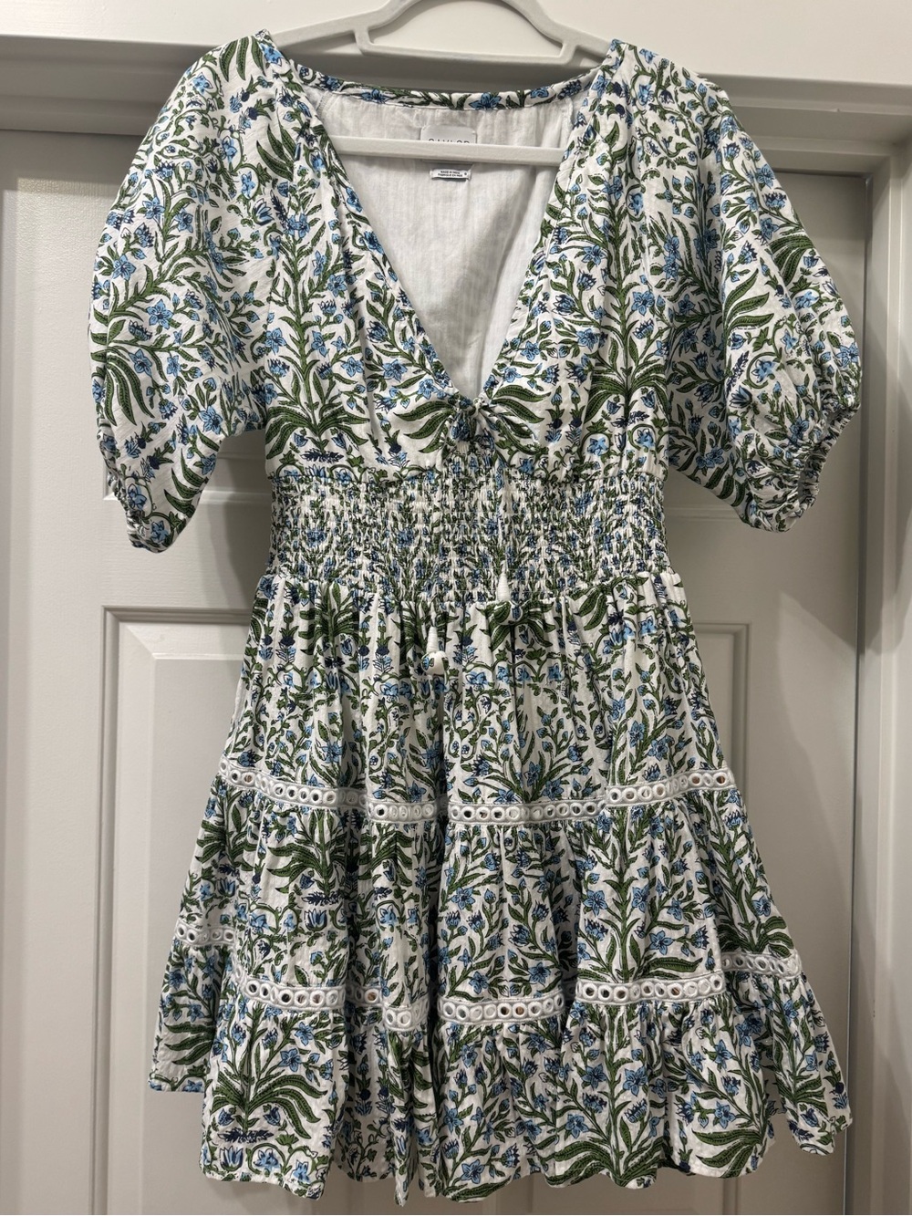 SAYLOR White Floral Print Puff-Sleeve Smocked Dress with Blue & Green Botanicals
